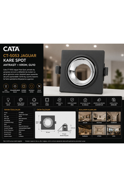Cata CT-5053 Jaguar Kare Spot Antrasit Krom GU10 Hareketli Sıva Altı Dekorati...