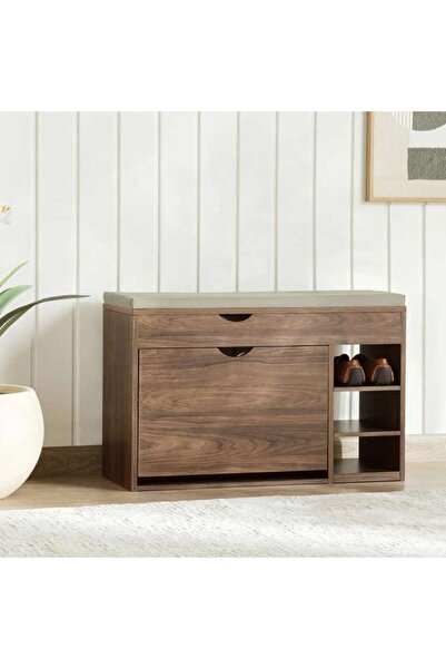 PAN HOME Rikke Shoe Rack With 1 Door & 1 Drawer - Walnut & Grey