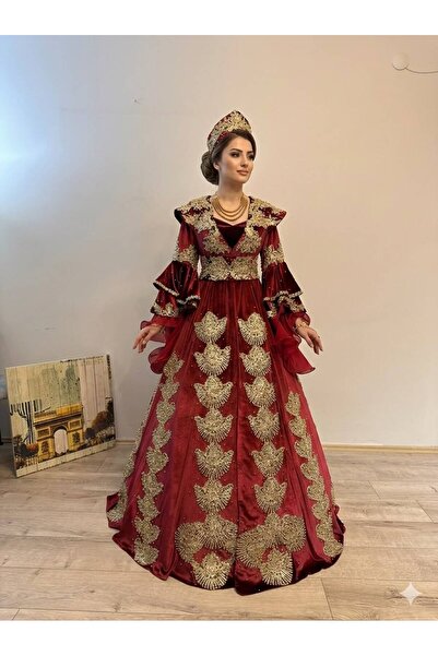 ZK ZÜMRÜT KAFTAN Bordo Gelin Kaftanı Gold İşlemeli