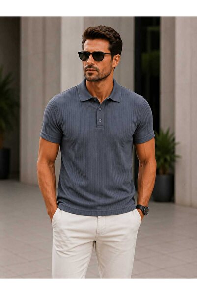 Castello Men's Exclusive Ribbed Combed Cotton 3-Button Polo Collar Slim Fit T...