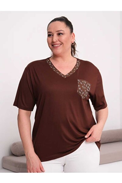 Esina Women's V-Neck Viscose Blouse with Embroidered Collar and Pocket