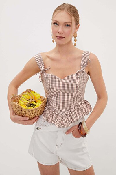 Fulla Moda Gingham Patterned Blouse with Eyelet Detail on the Back