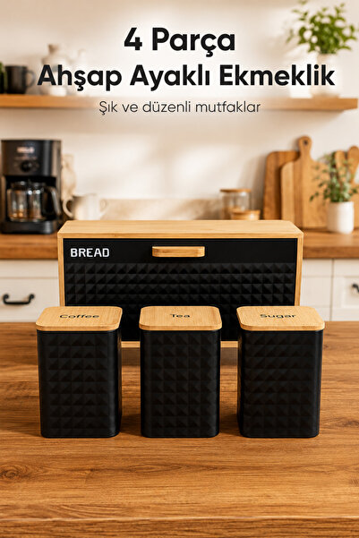 Vienev Footed Wooden Bread Cabinet and 3-Piece Black Metal Square Tea Coffee ...