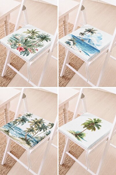 Home Set of 4 Tropical Palm and Sea Scenery Patterned Lace-Up Chair Cushions ...