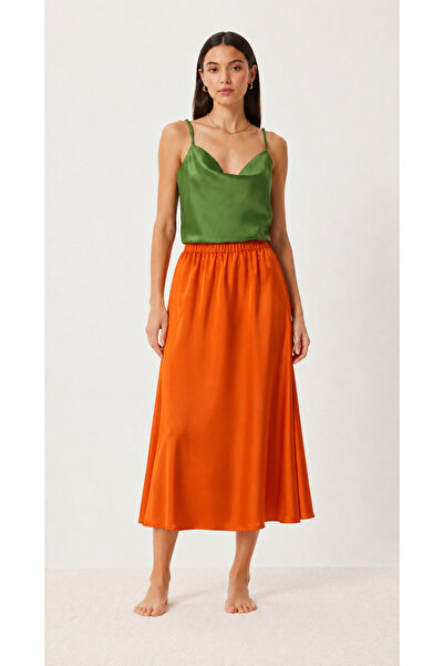 UTDU Flat Satin Skirt with Elastic Waist and Hidden Zipper on the Side