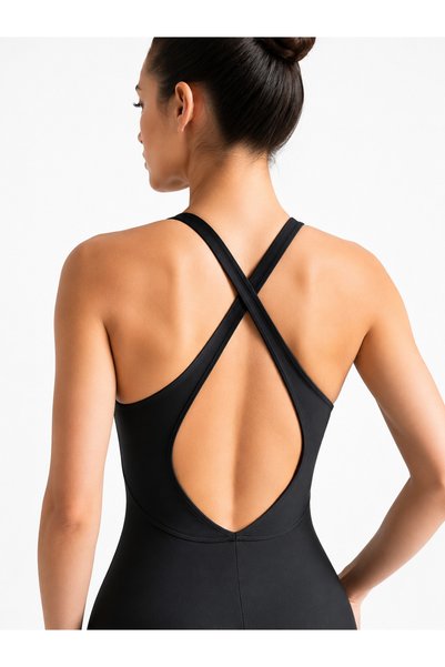 TÜKATO Women's Black Backless Cross-Strapped Slim Fit Gathering Yoga Pilates Leggings Sports Jumpsuit