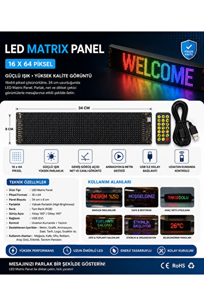 KUZEY AKSESUAR Led Ekran Matrix Panel Ön cam 16x64 34cm Yazı