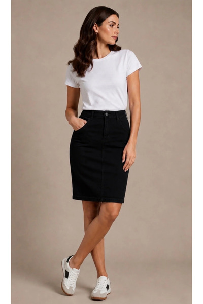 TugsatTasarTekstil Women's Black High Waist Slit Midi Length Denim Skirt Deni...