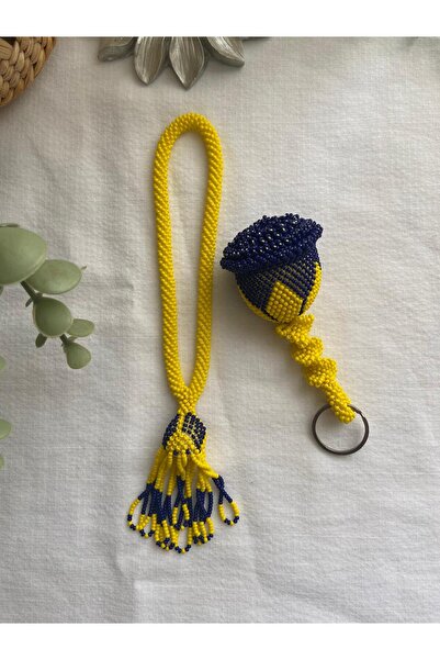 Handmade KUM BONCUK EL İŞİ SARI LACİVERT SALLAMA TESBİH VE GÜL ANAHTARLIK