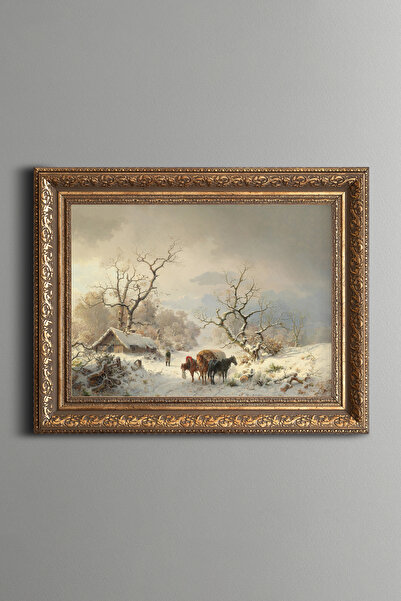epiqart Winter Landscape with Horse and Carriage - Vintage Patterned Frame - ...
