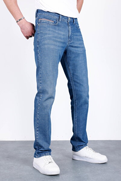 HLT JEANS Erkek Yazlık Şerit Detaylı Mavi Regular Fit Boru Paça Esnek Likralı...