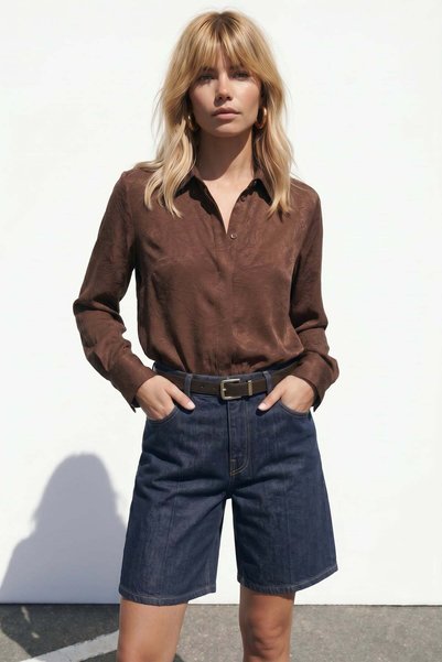 Sateen Hidden Placket Shirt - Light Brown