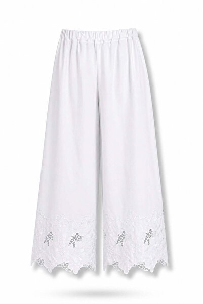 5in1Canpolat Beyaz Fisto İşlemeli Geniş Paça Pantolon 1760