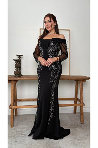 BRATO Royal Black Off Shoulder Evening Dress with Silver Floral Embroidery an...