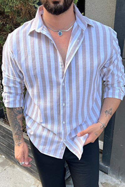 OUTFİT MAN Striped Linen Shirt Brown