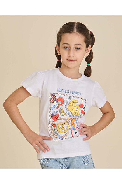 REDTAG Girls White Little Lunch Print T Shirt