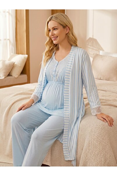 Lohusa Homewear New Season Blue Summer Striped Lace Detailed Design Buttoned ...