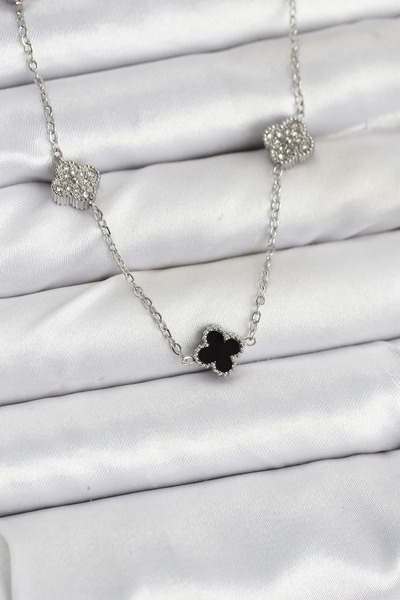 ALKASAZ 316L Steel Chain Silver Color Black and Zircon Stone Baby Boy Clover ...