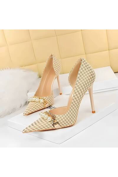 1way Women's Heels with Houndstooth Pattern and Pearl Decoration Description: