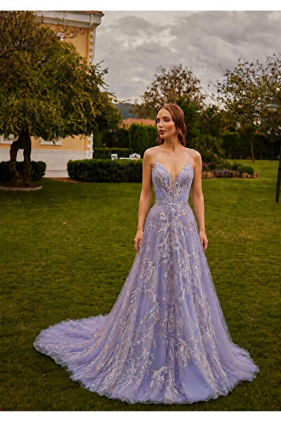 HS SPOSA KADIN ABİYE LİLA IŞILTILI İŞLEMELİ PRENSES MODEL ŞIK DAVET-NİŞAN ÖZE...