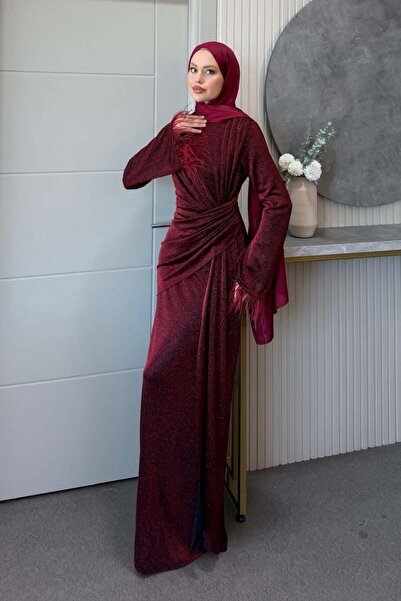 Şulemoda Giyim Kolu Tüylü Simli Abiye Bordo