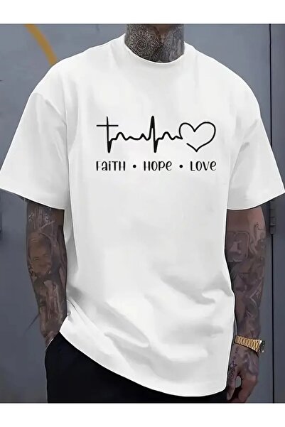 LİNA06 تي شيرت Faith Hope Love Heartbeat للرجال، تي شيرت أبيض كاجوال أنيق لجم...