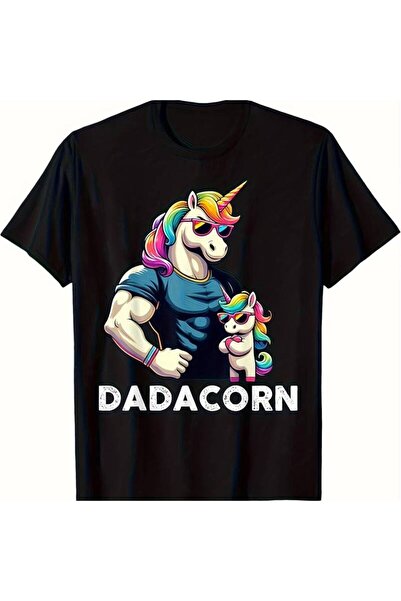 LİNA06 Men'S Black T-Shirt with Muscular Unicorn Rainbow Dadacorn Graphic Ret...