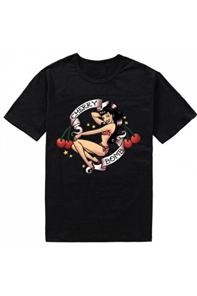 LİNA06 Vintage Bohemian Style Cherry Bomb Pattern T-Shirt Soft Daily & Christ...