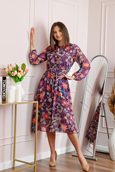 OEM Rochie dama mov Alessandra din voal cu imprimeu floral si cordon in talie