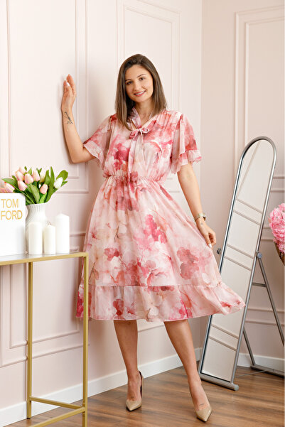 OEM Rochie midi roz pastel Annalise cu imprimeu floral si funda la decolteu