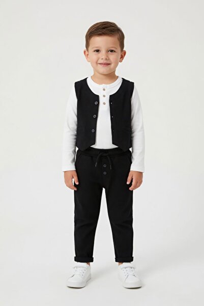 Cansın Mini Black Boy's 3-Piece Suit with Seersucker Fabric Vest and Trousers...