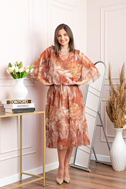 OEM Rochie dama Theresa din voal cu imprimeu floral caramiziu