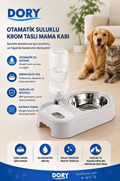 Dory Otomatik Suluklu Krom Taslı Mama Kabı Gri