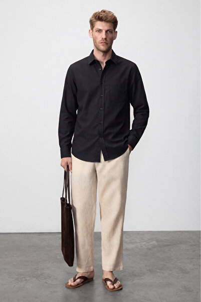 GRIMELANGE Arles Men's Linen Blend Long Sleeve Single Pocket Regular Fit Blac...