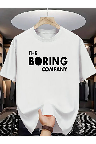 NOURAM تي شيرت THE BORING COMPANY بتصميم بسيط، أسود وأبيض، بأكمام قصيرة وياقة...