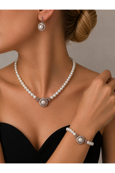 FUYA JEWELLERY Kristal Taşlı İnci Kolye, Küpe ve Bileklik Set