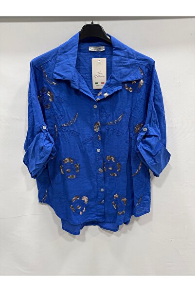 della moor Women's Saks Blue Italian Large Size Floral Embroidered Sequin Emb...