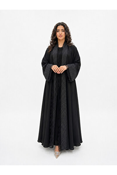 YOU ABAYA عباية ميرا قصه دبل كلوش مع دنتيل اسود مع قماش منقط بقماش نواعم