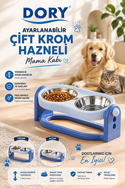 Dory Ayarlanabilir Çift Krom Hazneli Mama Kabı Mavi