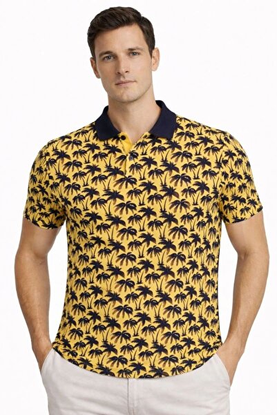 VELİZADE Men's Pique Fabric Polo Collar Palm Patterned T-Shirt Short Sleeve S...