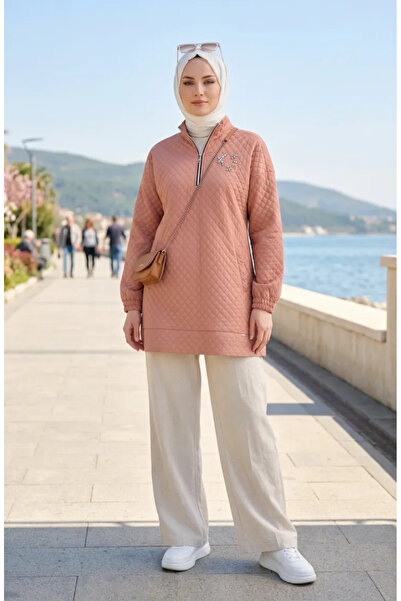 sefamerve High Collar Quilted Sweatshirt 71227-03 Beige