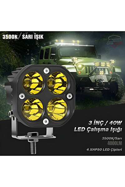 Oto Çizgi 3 İnç 40W Kare LED Çalışma ve Sis Lambası - 3500K Sarı Işık (4000LM...