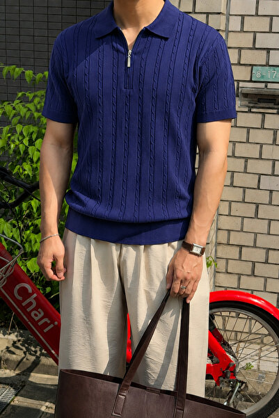 Tarz Cool Men's Slim Fit Zippered Polo Collar Hair Knit Patterned Knitwear T-...