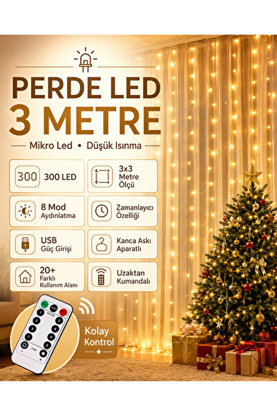 BERHAT 300 Ledli 10 Sarkıt Perde Led Işık 8 Farklı Fonksiyon, Uzaktan Kumanda...