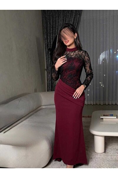 Ayaen Burgundy Long Evening Gown Black Lace Sleeve Sexy Elegant Design Evenin...