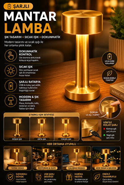 Northern Star Mantar Masa Lambası Gold Şarjlı Dokunmatik 3 Renk Ayarlanabilir