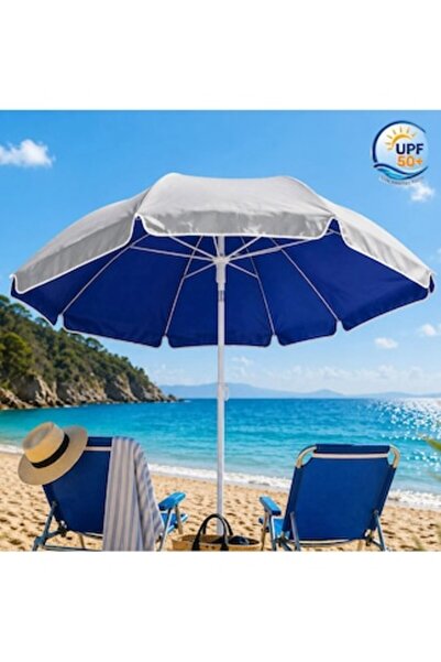 OEM Umbrelă de plajă anti-vânt Argintiu Albastru UPF 50+ cu cadru metalic - Ø2m