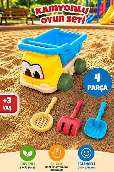 Meleni Toys 4 Parça Kamyonlu Plaj Seti - Elek Kürek Tırmıklı Kum Deniz Oyunca...