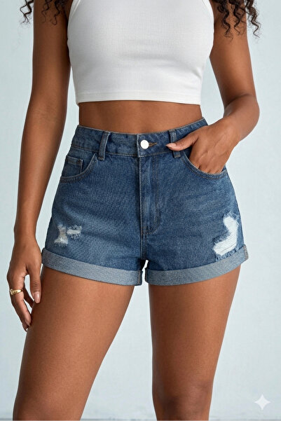 viking's line Kadın Yüksek Bel Katlamalı Paça Denim Şort Mavi