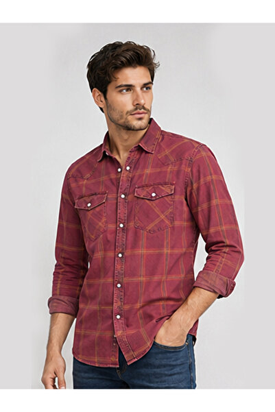 FSR FUSARO Erkek Denim Ekose Pamuklu Çıtçıt Düğmeli Slim Fit Uzun Kollu Gömlek